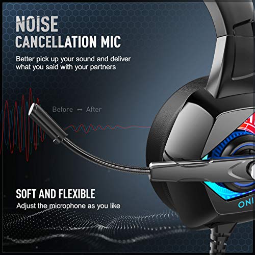 ONIKUMA Auriculares Gaming -Cascos PS4 con Micrófono, Sonido Envolvente Luz Azul Cascos Xbox One Auriculares PC con Cancelación de Ruido