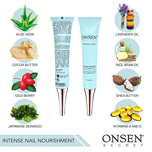 Onsen Japanese Cuticle Serum Conditioner para el crecimiento de uñas hecho de minerales japoneses de aguas termales, aceite fortalecedor y fórmula de reparación de crema suavizante para un tratamiento de uñas de fuerza óptima - 1oz