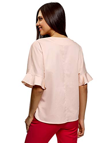 oodji Ultra Mujer Camisa de Algodón con Cuello Pico, Rosa, ES 44 / XL