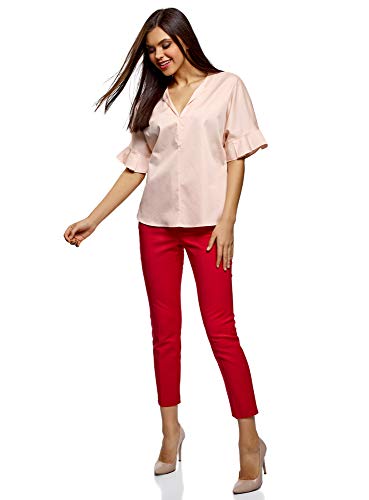 oodji Ultra Mujer Camisa de Algodón con Cuello Pico, Rosa, ES 44 / XL