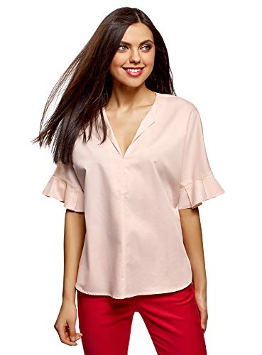 oodji Ultra Mujer Camisa de Algodón con Cuello Pico, Rosa, ES 44 / XL