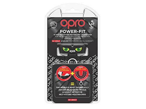 OPRO Power-Fit | Mouthguard Hecho a Mano | Escudo de Goma para Rugby, Hockey, Lacrosse, Boxeo y Otros Deportes de Contacto (10 años o más) | 18 Meses de garantía Dental (Ojos Negro/Dorado/Verde)