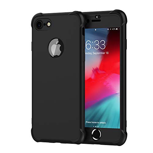 ORETECH Funda iPhone 8, Funda iPhone 7, con [ 2 x Protector de Pantalla de Vidrio Templado] 360 Carcasa iPhone 7/8 Silicona Ligera Delgado PC TPU Bumper Rubber Caso iPhone 8/7 4.7'' Negro