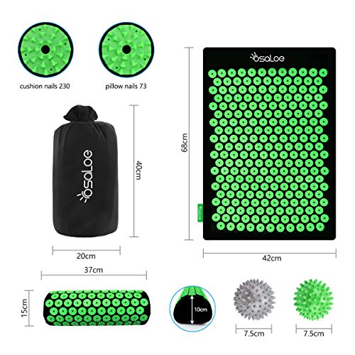 Osaloe Juego de Esterilla de Acupresión con Almohada y Dos Pequeñas Bolas de Masaje, Kit de Masaje Acupunctura para Relajación Músculos y Alivia dolores de Espalda (Verde)