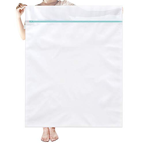 OTraki Bolsa Colada XXL 90 x 110 cm Red Lavadora Grande para Hogar y Hotel con Cremallera de Metal Azul, Saco Lavadora Lavandería para Ropas Delicadas, Abrigo, Vestido, Prendas de Cama, Blanco