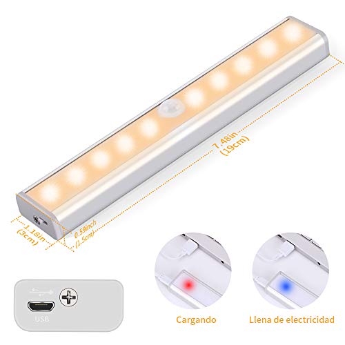 OUSFOT Luz Armario con Sensor de Movimiento Luz Sensor para Armario USB Recargable LED Armario con 2 Tiras Magnéticas pegadas Lámpara Nocturna Ideal para Amario Garaje Gabinete Escalera(2 pack)