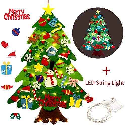 Outgeek Fieltro Árbol de Navidad, 3.2ft DIY Christmas Hanging Tree Set con 50 Luces LED 32 Piezas Adornos Árbol de Navidad para niños Decoración de la Pared de la Puerta del hogar