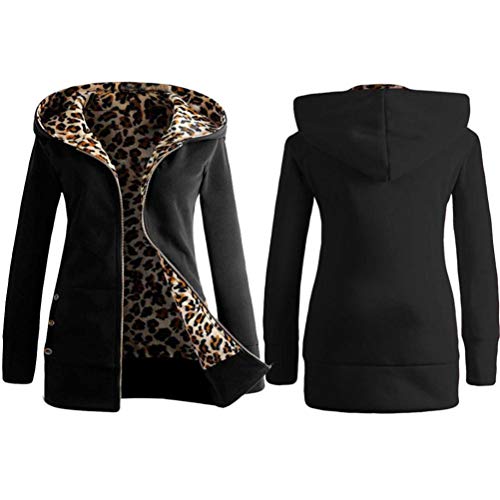 Overdose Las Mujeres MáS De Terciopelo Engrosada con Capucha Linda Dama SuéTer Leopard Cremallera Capa con Capucha Sudadera (Small, Negro)