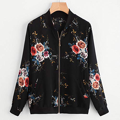 Overdose Las Nuevas SeñOras De Las Mujeres Retro Floral O-Cuello Zipper Up Bomber Mejor Venden Chaqueta Casual Outwear (XXL, M-Negro)