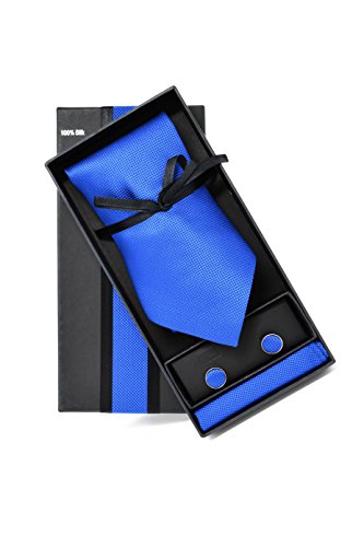 Oxford Collection Corbata de hombre, Pañuelo de Bolsillo y Gemelos Azul - 100% Seda - Clásico, Elegante y Moderno - (Caja y Conjunto de Regalo, ideal para una boda, con un traje, en la oficina.)