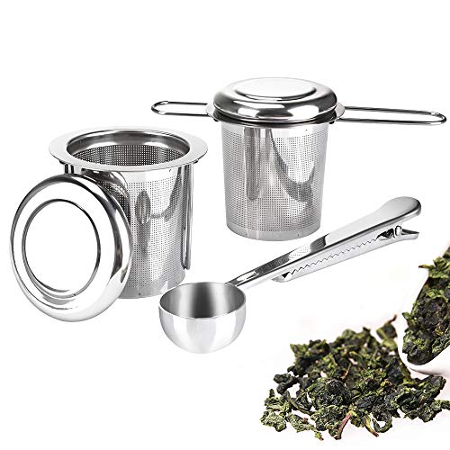 Pack de 2 Infusor de Té en Acero Inoxidable Colador Filtro con Tapa y Asa para Tazas de Té Café Ollas Té a Granel Hojas de Té Sueltas, con Cucharada de Té y Bandejas de Goteo