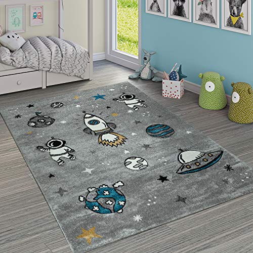 Paco Home Alfombra Infantil Adorable Cohete Espacio Tierra Astronauta Estrellas Luna Gris, tamaño:140x200 cm