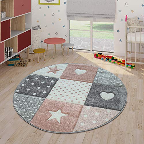 Paco Home Alfombra Infantil Pastel Cuadros Puntos Corazones Estrellas Blanco Gris Rosa, tamaño:80x150 cm