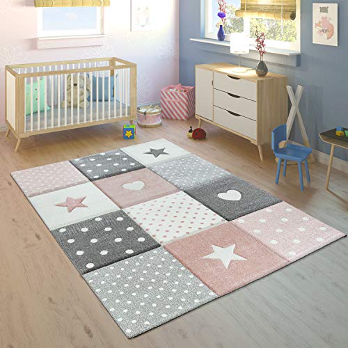 Paco Home Alfombra Infantil Pastel Cuadros Puntos Corazones Estrellas Blanco Gris Rosa, tamaño:80x150 cm