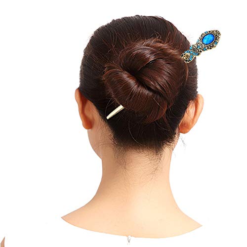 Palillos de bollos de bronce de metal con horquilla de diamante/flor de diamantes de imitación chinos/accesorios para el cabello del sector retro y palitos de pelo en forma de U- 4 piezas