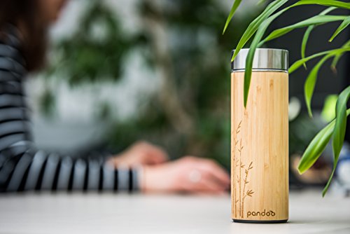 pandoo bambú - Vaso térmico (Doble Pared térmico Botella, Vaso de Viaje, Tetera de émbolo, Té, Botella con Filtro de té de Acero Inoxidable - Sin BPA - Tea de to go, 350 ML
