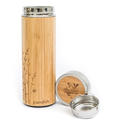 pandoo bambú - Vaso térmico (Doble Pared térmico Botella, Vaso de Viaje, Tetera de émbolo, Té, Botella con Filtro de té de Acero Inoxidable - Sin BPA - Tea de to go, 350 ML