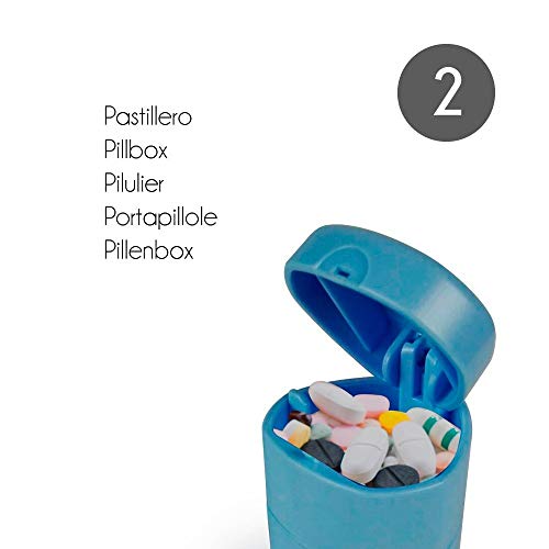 Pastillero, Cortador o divisor, triturador de comprimidos, medicamentos, pastillas, con contenedor, Celeste y blanco, Mobiclinic