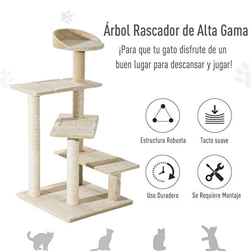 PawHut Árbol para Gato Rascador Poste para Arañar con Cama Plataforma con Manta de Sisal 50x50x100cm Terciopelo Beige