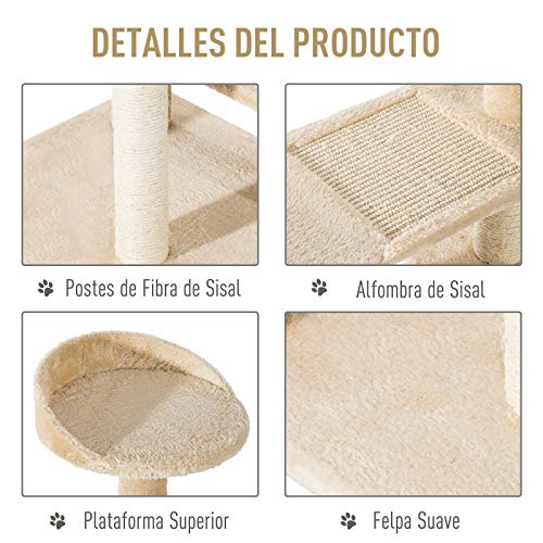 PawHut Árbol para Gato Rascador Poste para Arañar con Cama Plataforma con Manta de Sisal 50x50x100cm Terciopelo Beige