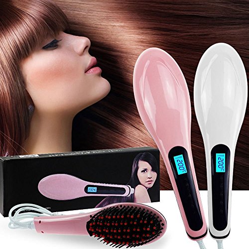 Pelo alisado cepillo, Merit, con control de temperatura LCD, plancha de pelo Cabello Peine con Fast Styling, desenredar eléctrico alisador para corto o largo, negro, grueso, fino, cabello ondulado o Bangs (Rosa)