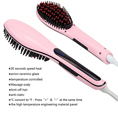 Pelo alisado cepillo, Merit, con control de temperatura LCD, plancha de pelo Cabello Peine con Fast Styling, desenredar eléctrico alisador para corto o largo, negro, grueso, fino, cabello ondulado o Bangs (Rosa)