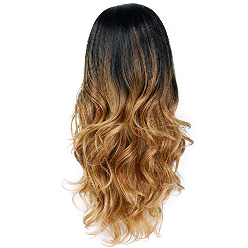 Peluca sintética ondulada ombré rubia con raíz oscura, aspecto natural, larga, resistente al calor