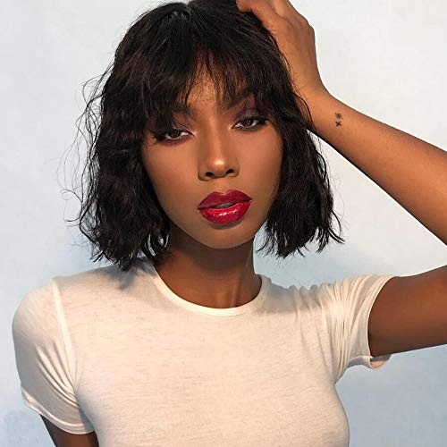 Pelucas de cabello humano ondulado corto con flequillo, UDU None Lace Frontal Wig 10inch 100g Short Curly Bob Wigs Natural Look Short Bobs Pelucas onduladas Brasileño Wave Wave Peluca