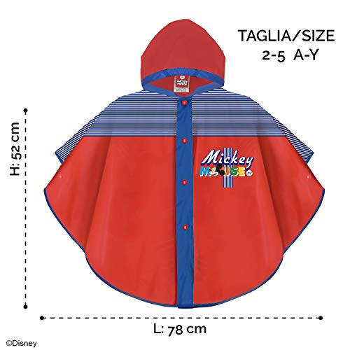 PERLETTI Chubasquero Lluvia Niño Disney Mickey Mouse - Poncho Impermeable Colorado Infantil - Azul y Rojo con Capucha y Botones - Material EVA (Rojo, 2/5 Años)