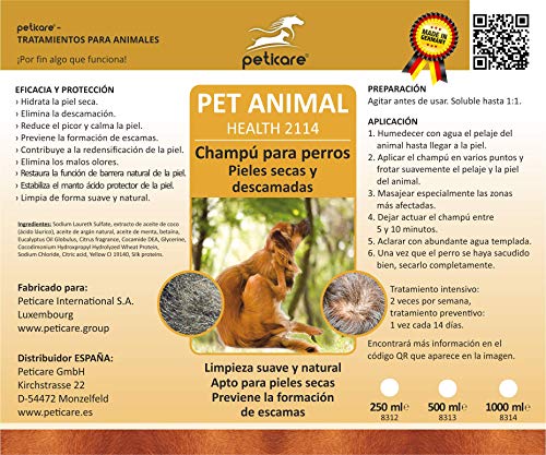 Peticare Champú Especial para Perros - Shampoo de Alta eficacia y Cuidado dermatológico para Piel Seca y caspa, Alivia picor, regenera Piel Sensible, 100% biológico - petDog Health 2114 (250 ml)