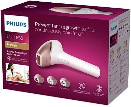 Philips Lumea Prestige BRI956/00 - Depiladora Luz Pulsada para la Depilación Permanente del Vello Visible en Casa con 4 Cabezales: Cuerpo, Bikini, Axilas y Cara, Blanco y Rosa