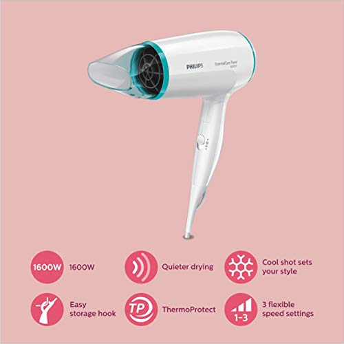 Philips Thermoprotect BHD006 - Secador de Pelo de Viaje, Doble Voltaje, DifUsor, 2 Velocidades, 2 Temperaturas, 1600 W, Blanco