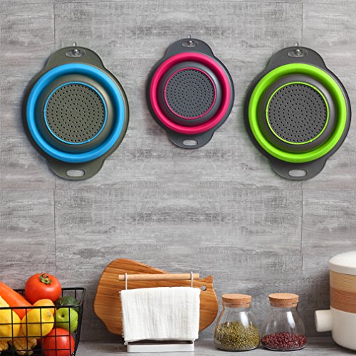 PHILWIN Juego de 3 coladores plegables de cocina, dos piezas de 4 cuartos y una pieza de 2 cuartos, perfecto para drenar pasta, verduras, frutas (verde, azul, morado)