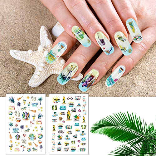 PHOGARY 12 hojas Pegatinas de Uñas de Verano Autoadhesivas 3D - Flamingo Hojas Frutas Playa Cactus Fiesta Hawaiana Calcomanías de Uñas para Niñas, Mujeres, Manicura, Bricolaje o Salón de Uñas