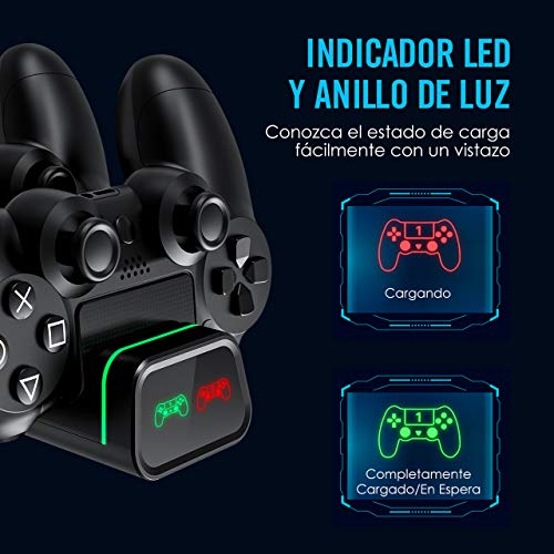 PICTEK Cargador Mando PS4, Carga Ultrarrápido con Tira de Luz y LED Indicador, Soporte Mando PS4 USB, Compatible con Playstation4, PS4, PS4 Pro, PS4 Slim