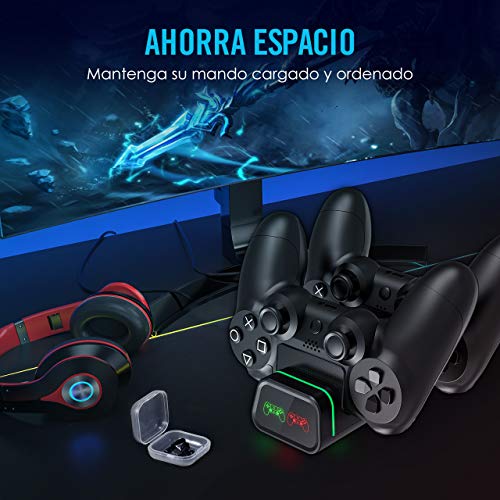 PICTEK Cargador Mando PS4, Carga Ultrarrápido con Tira de Luz y LED Indicador, Soporte Mando PS4 USB, Compatible con Playstation4, PS4, PS4 Pro, PS4 Slim