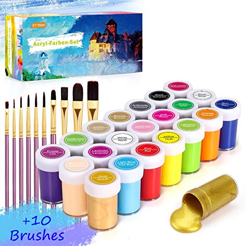 Pintura Acrílica, Gifort 21 x 20 ml Kit de Prima Pintura Acrílica con 10 pinceles, No Tóxicos Disponible para niños, Pigmentos Ricos, para Lienzo Papel, Madera, Tela, Cerámica y Manualidades