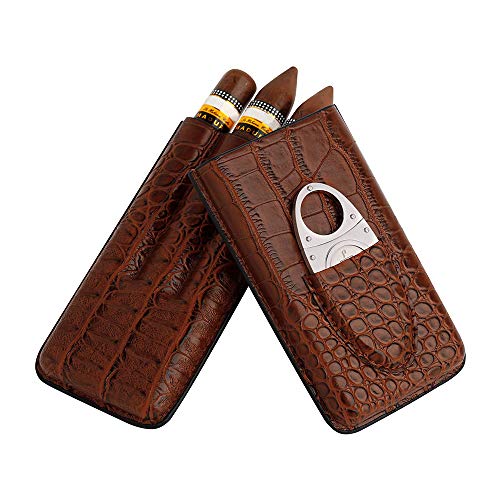 PIPITA Funda de piel para cigarrillos de alta calidad Portátil Con,3 tubos de humidificador (cortador de acero inoxidable incluido). Piel sintética de imitación de piel de cocodrilo (Marrón)