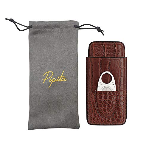 PIPITA Funda de piel para cigarrillos de alta calidad Portátil Con,3 tubos de humidificador (cortador de acero inoxidable incluido). Piel sintética de imitación de piel de cocodrilo (Marrón)