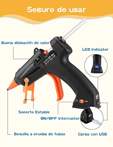 Pistola de Silicona Inalámbrico, Pistola de Encolar 15W para manualidades Con Cable USB, Batería de litio, para Trabajo de Bricolaje, 10 barras de Pegamentos