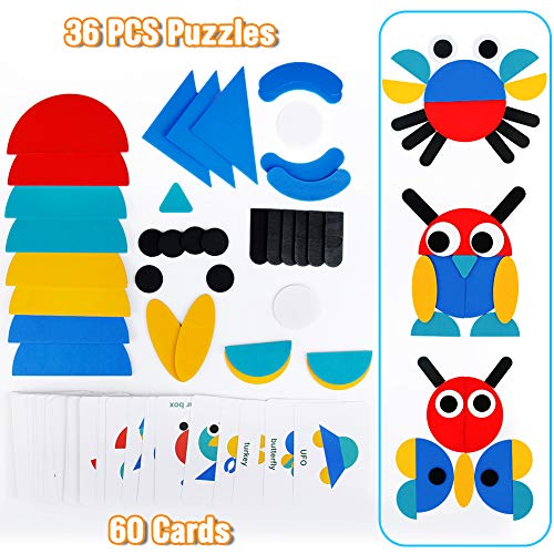 PL Puzzles Infantiles Montessori Tangram Madera 3 4 5 6 Anos- Puzzle Rompecabezas de Madera y Tarjetas de Apilamiento Montessori Juguetes para Niños Niñas 96 Piezas