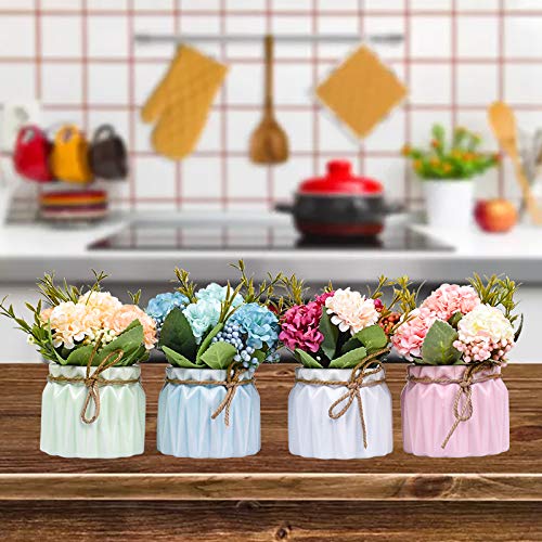 Plantas de flores artificiales - Mini flores de hortensias falsas en maceta para decoración del hogar Fiesta Boda Oficina Mesa Decoración de escritorio, 4 piezas