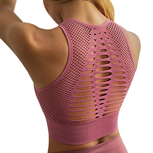 Pollara Sujetador deportivo sin costuras, con efecto pushup, sujeción fuerte, sujetador de yoga, crop, entrenamiento, fitness, activewear Racerback, camiseta acolchada Rosa. XL