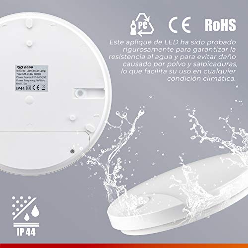 POPP® Plafón LED con Sensor de movimientos por Infrarrojos tipo ojo de buey 10W IP44 900Lumen blanco,SMD2835 interior,exterior,pasillos,cocinas,garaje ref:SM-11A