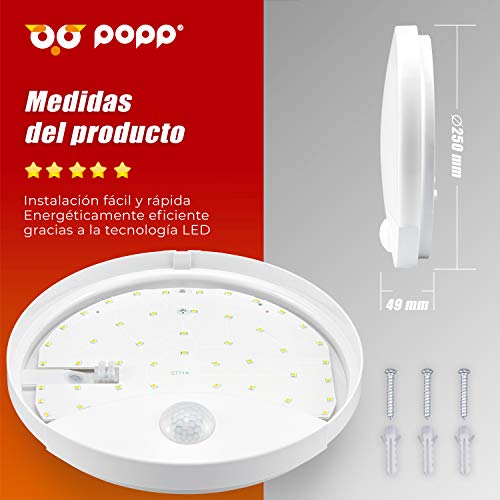 POPP® Plafón LED con Sensor de movimientos por Infrarrojos tipo ojo de buey 10W IP44 900Lumen blanco,SMD2835 interior,exterior,pasillos,cocinas,garaje ref:SM-11A