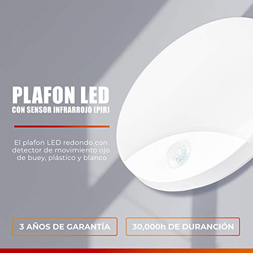 POPP® Plafón LED con Sensor de movimientos por Infrarrojos tipo ojo de buey 10W IP44 900Lumen blanco,SMD2835 interior,exterior,pasillos,cocinas,garaje ref:SM-11A