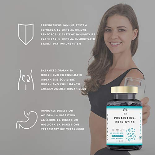 Probióticos y Prebióticos Intestinales, 60 cápsulas 40 Billones de Bacterias Probióticas Naturales, Mujer y Hombre. Mantenimiento Flora Intestinal, Trastornos Gastrointestinales. N2 Natural Nutrition