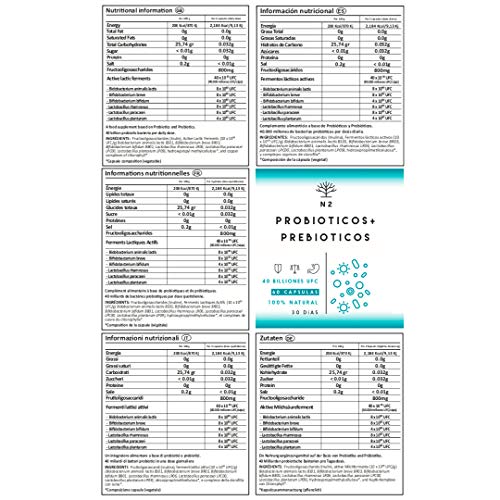 Probióticos y Prebióticos Intestinales, 60 cápsulas 40 Billones de Bacterias Probióticas Naturales, Mujer y Hombre. Mantenimiento Flora Intestinal, Trastornos Gastrointestinales. N2 Natural Nutrition