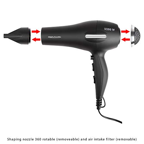 ProfiCare HT 3017 - Secador de pelo iónico con motor profesional AC, 3 niveles de temperatura, 2 temperatura, 2200 W, color negro