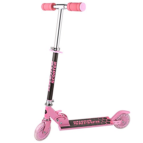 Profun Patinete 2 Ruedas Patinete Plegable para Niños Patinete Infantil con Freno Altura del Manillar Ajustable Patinete Niño Scooter con Luz Led Patinete con Luces para Niñas de 3 - 10 Años (Rosa)